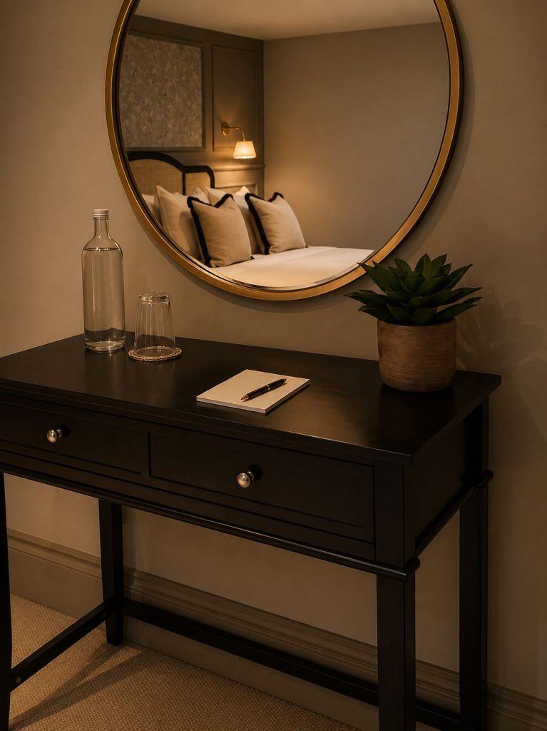 Elegant bedroom corner with mirror and table for comfort, rest, and recovery