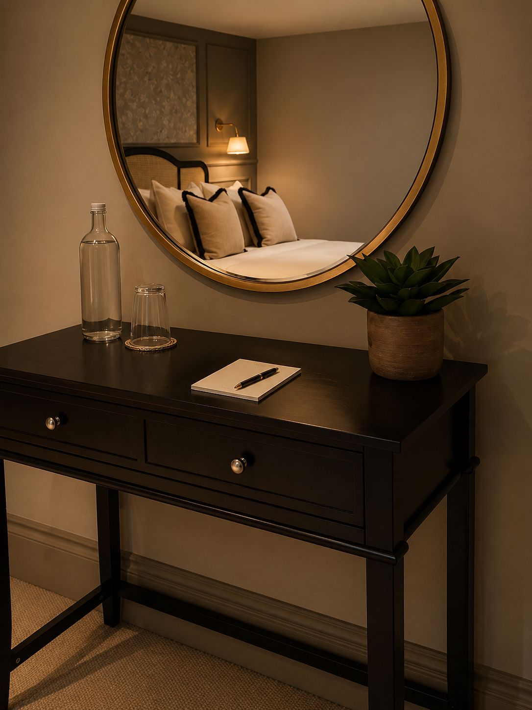 Elegant bedroom corner with mirror and table for comfort, rest, and recovery
