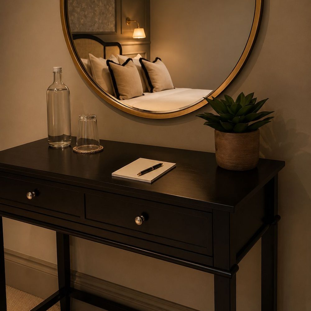 Elegant bedroom corner with mirror and table for comfort, rest, and recovery