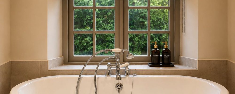 Peaceful bathroom with bathtub for relaxation, comfort, and recovery.