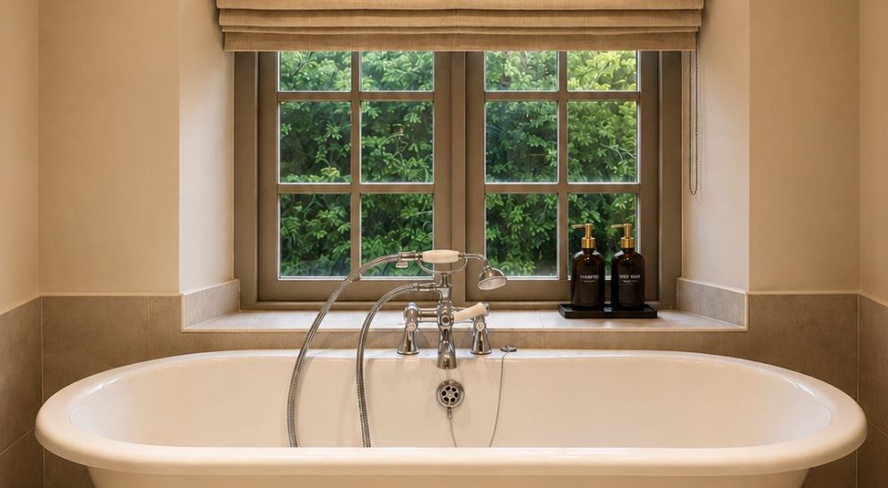 Peaceful bathroom with bathtub for relaxation, comfort, and recovery.