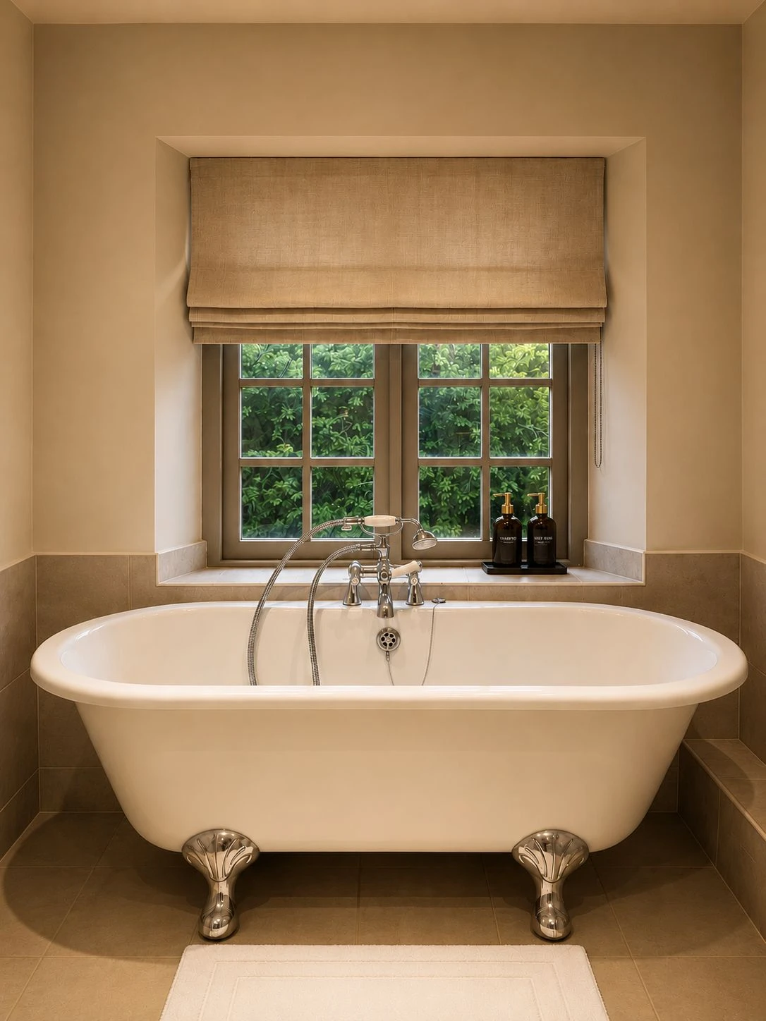 Peaceful bathroom with bathtub for relaxation, comfort, and recovery.
